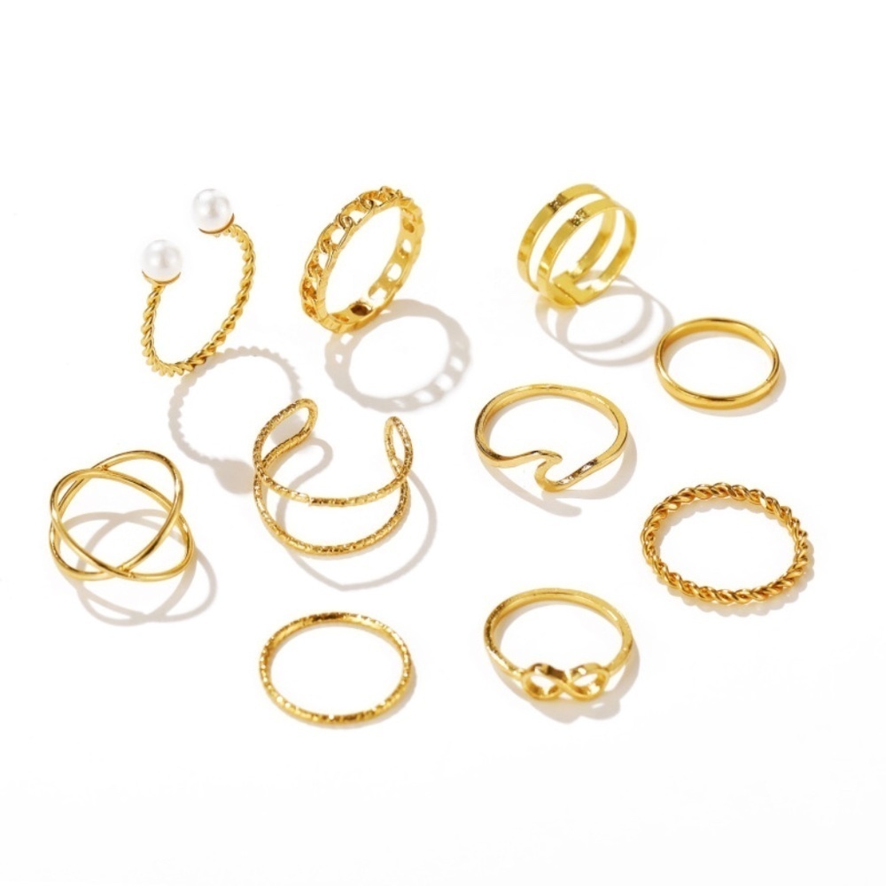 *CHARMAINE* 10-Pc Gold Irregular Geometric Twist Hollow Design Fashion Ring Set - Picture 3 of 3